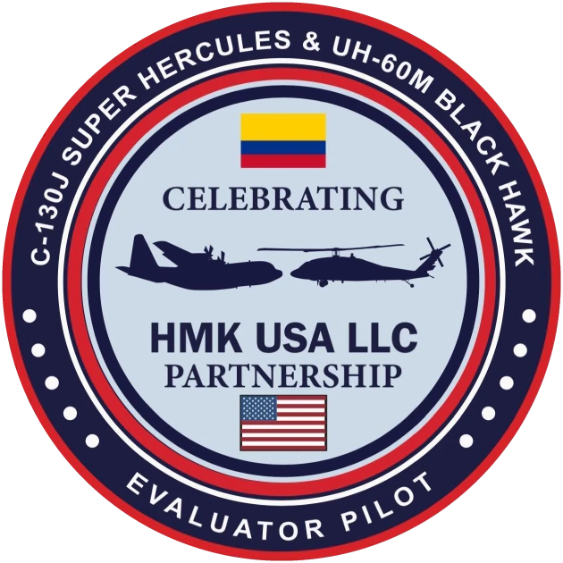 HMK CAP USA LLC partnership emblem with Colombia, featuring silhouettes of a transport aircraft and helicopter – defense collaboration and financing solutions