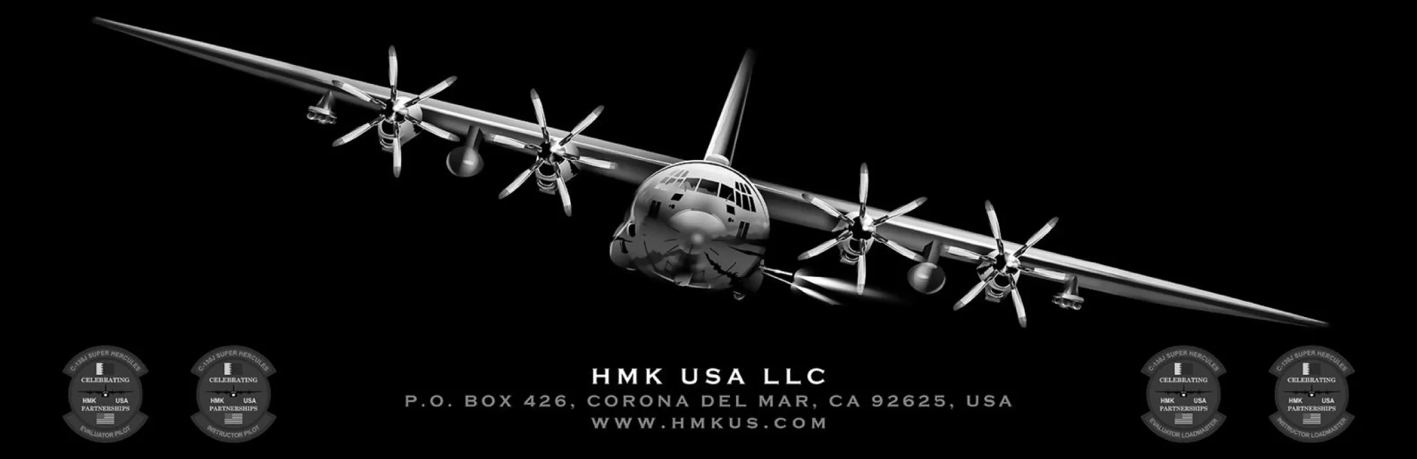C-130J Super Hercules aircraft frontal view with HMK CAP USA LLC branding